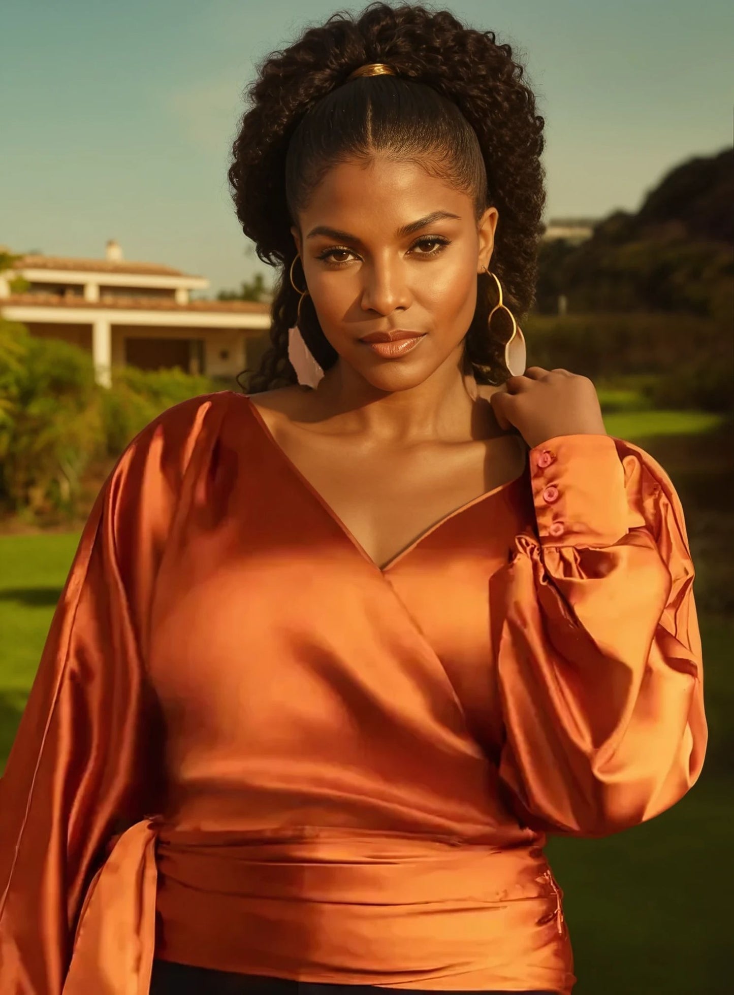 classic satin copper colored wrap blouse