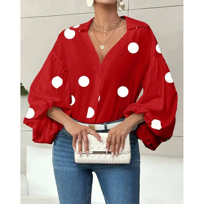 Polka Dot V-Neck Loose Bubble Long Sleeved Shirt