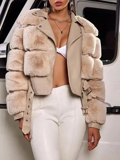 Chic Faux Fur and Plaid Leather Jacket