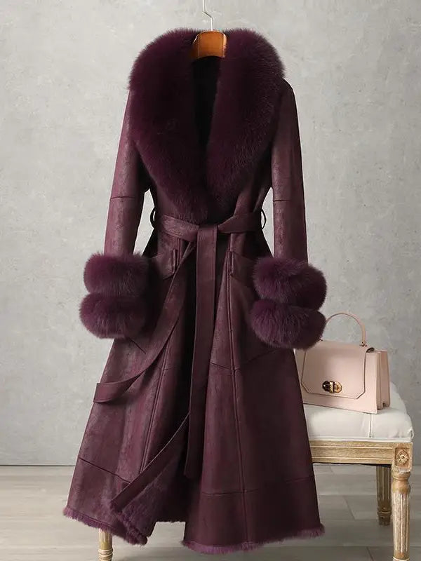 elegant mid-length faux fur coat with fox fur collar