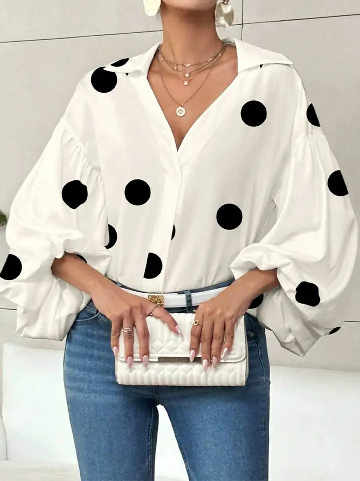polka dot v-neck loose bubble long sleeved shirt