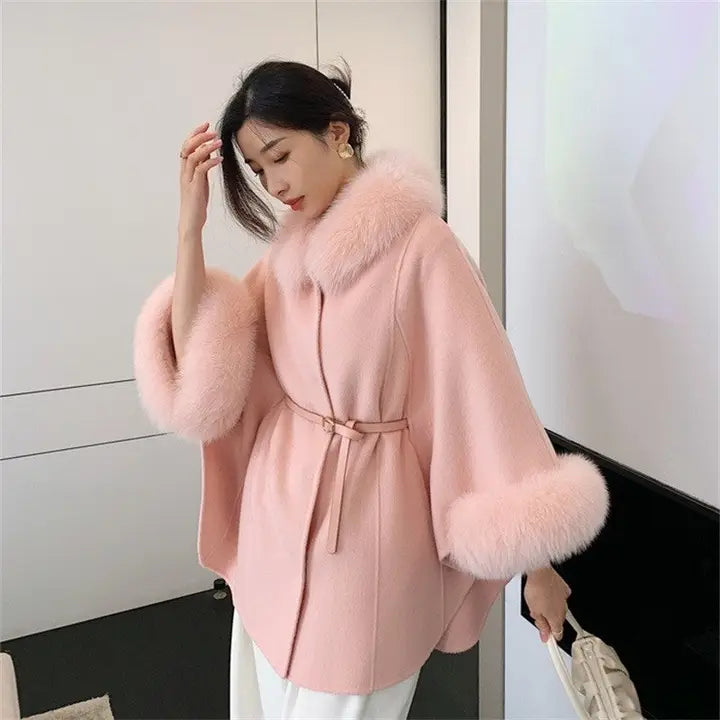 fox fur collar reversible cashmere coat