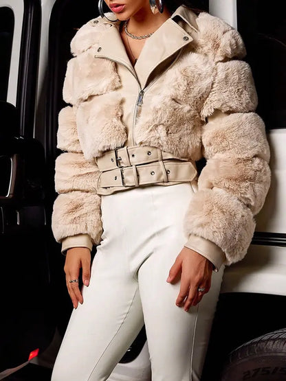 Chic Faux Fur and Plaid Leather Jacket