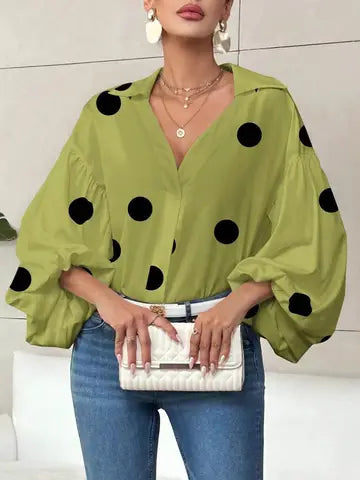 Polka Dot V-Neck Loose Bubble Long Sleeved Shirt