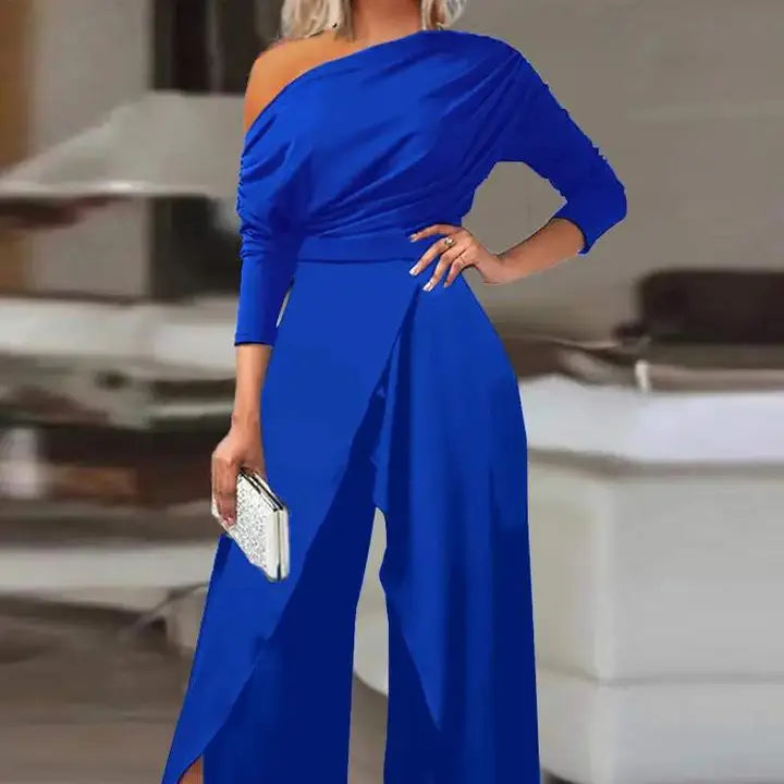 elegant one shoulder wide leg jumpsuit