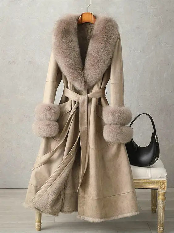 elegant mid-length faux fur coat with fox fur collar