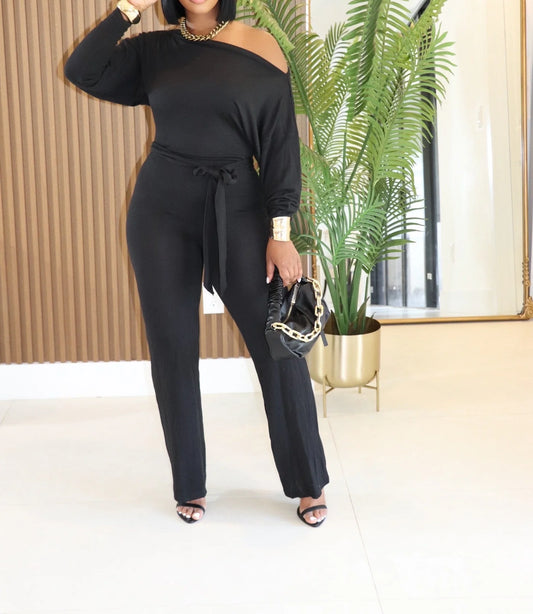 OFF SHOULDER LS KNIT JUMPSUIT