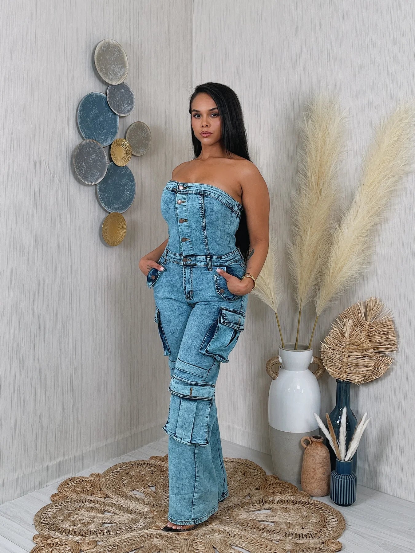 denim washed tube jumpsuit