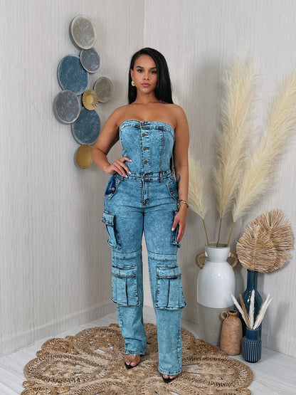 DENIM WASHED TUBE JUMPSUIT