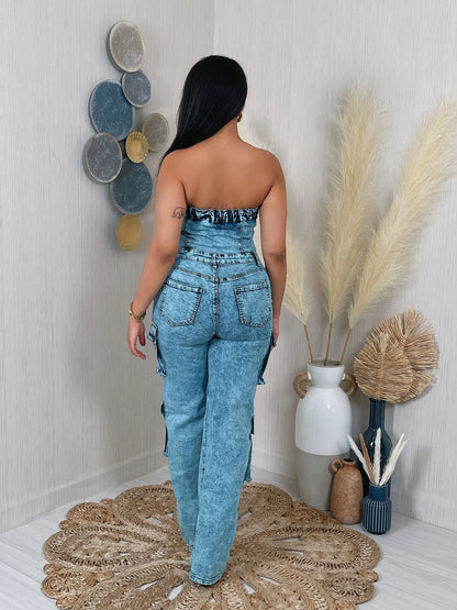 DENIM WASHED TUBE JUMPSUIT