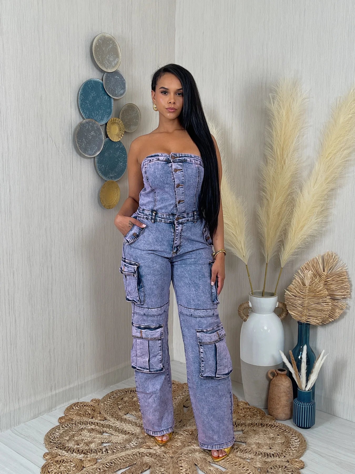 denim washed tube jumpsuit