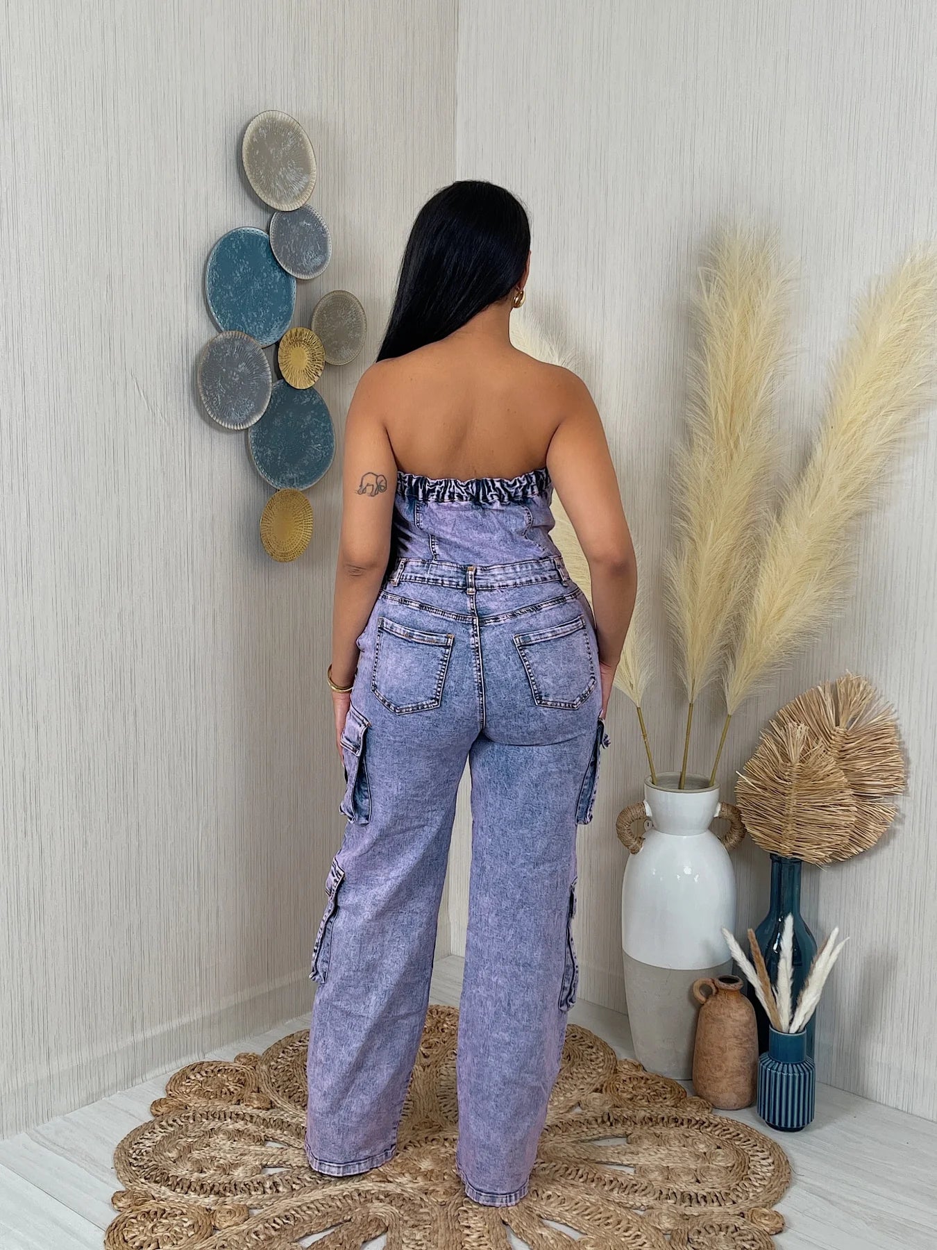 denim washed tube jumpsuit