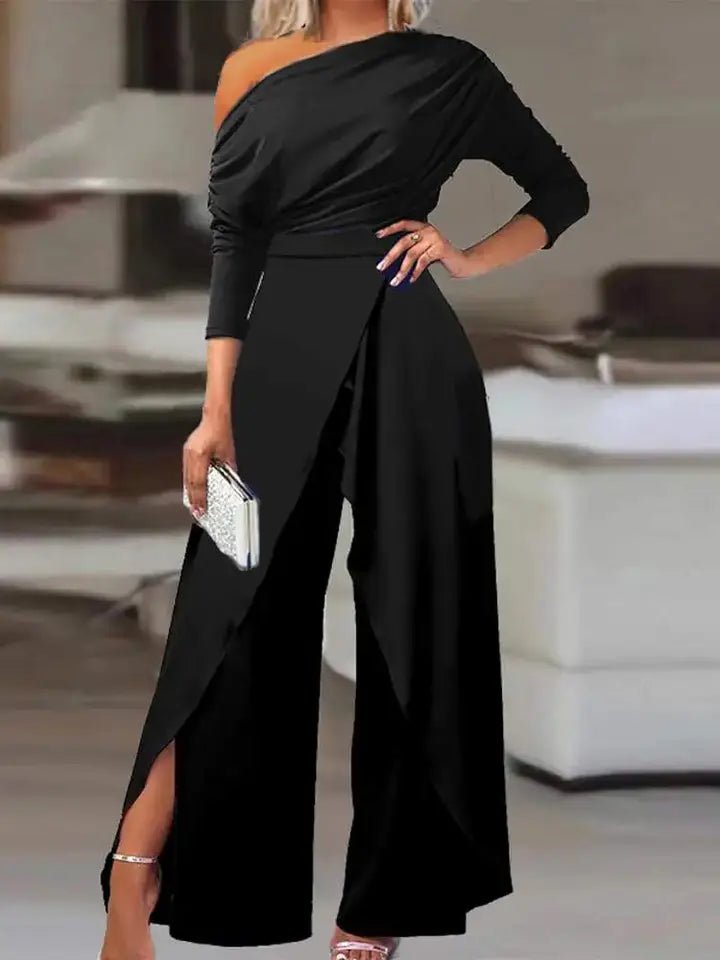 elegant one shoulder wide leg jumpsuit