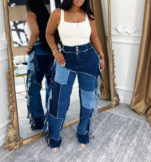 denim multi color side fringe jeans