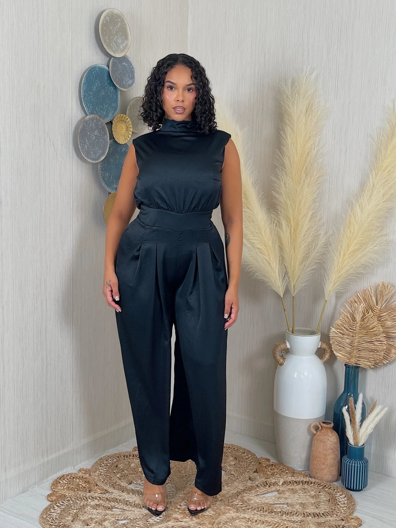 satin paded shoulder tank jumpsuit