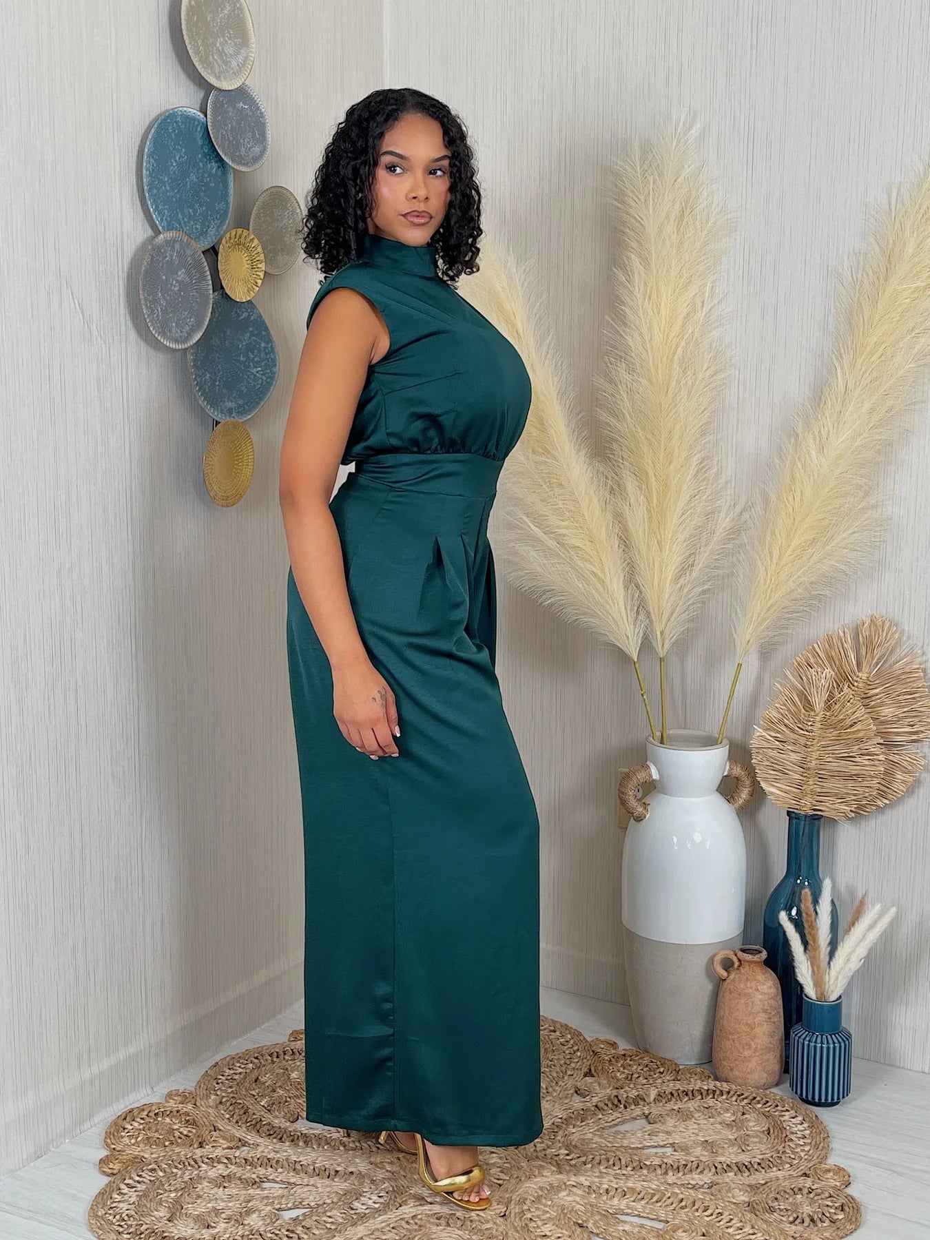 satin paded shoulder tank jumpsuit