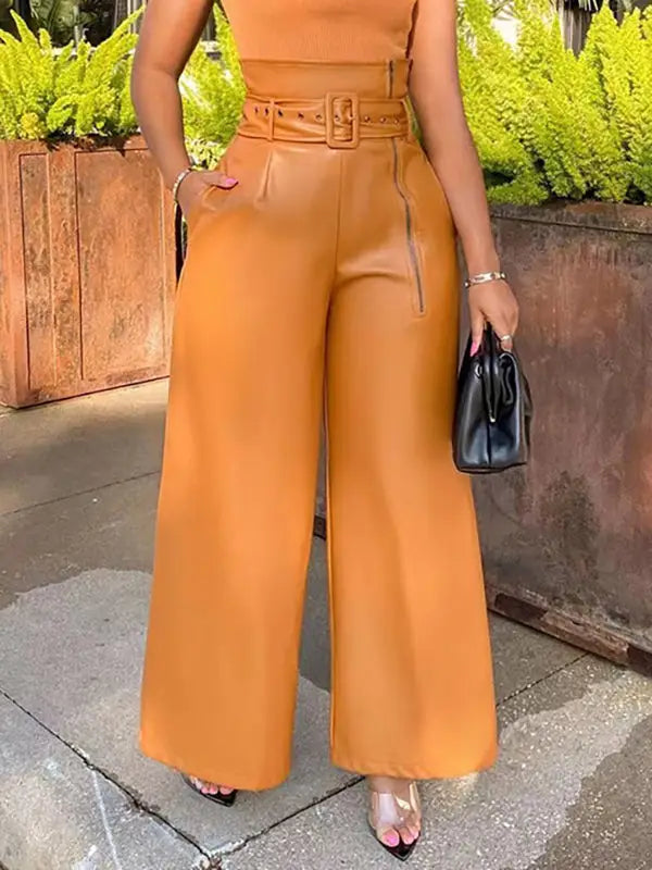 high waisted wide leg belted solid color zipper pants