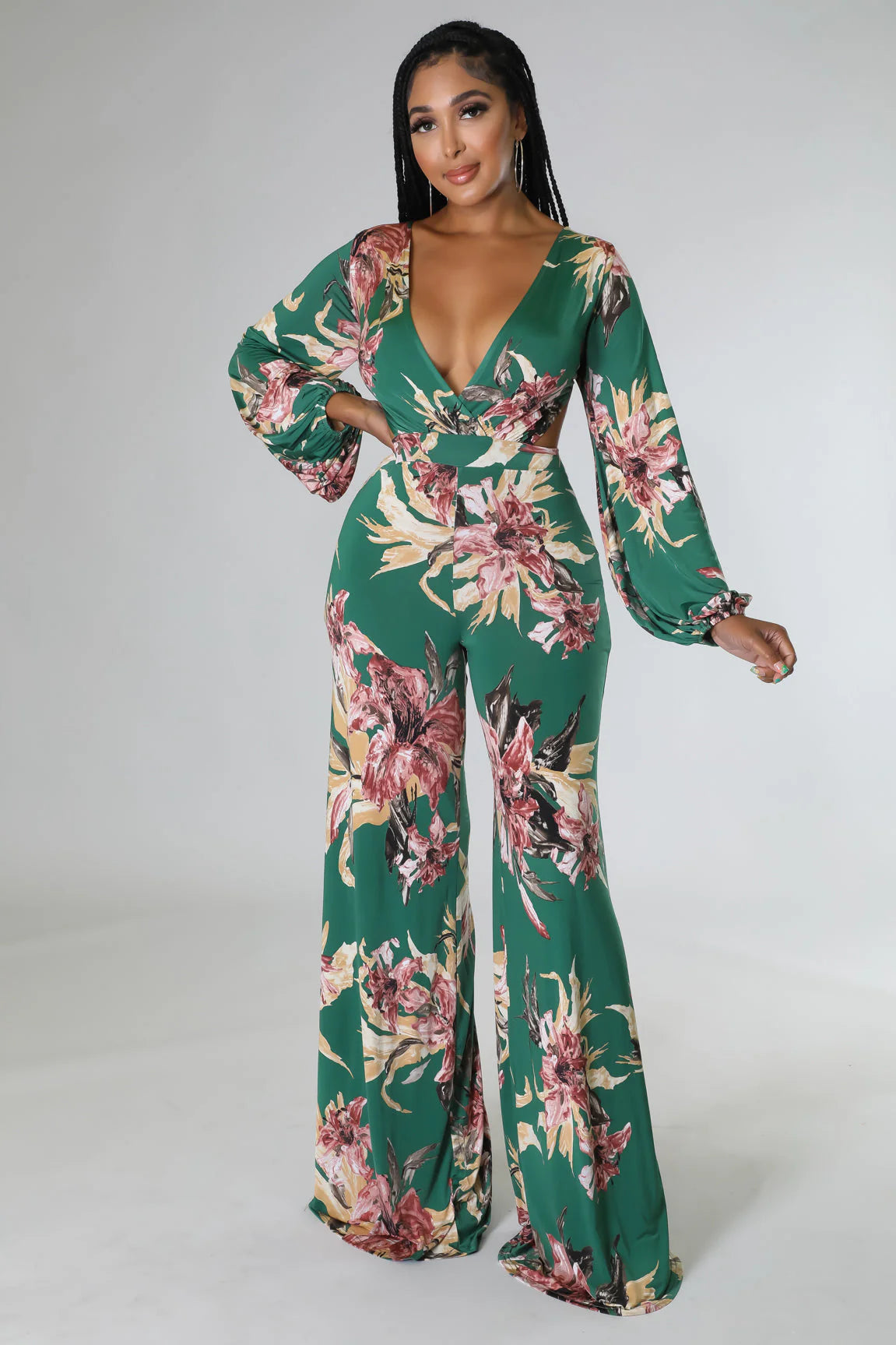 deep cross v-neck ls jumpsuit