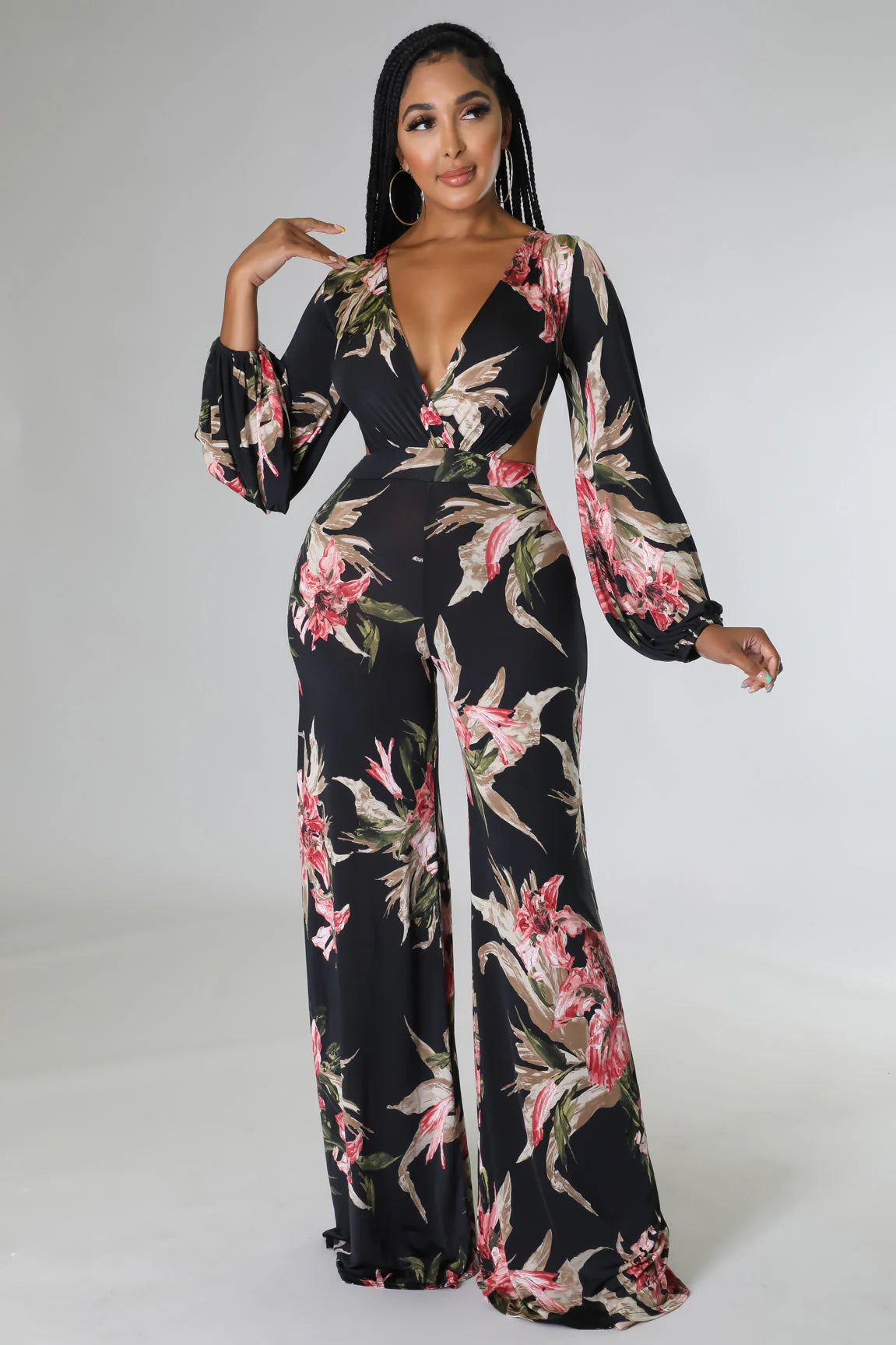 deep cross v-neck ls jumpsuit