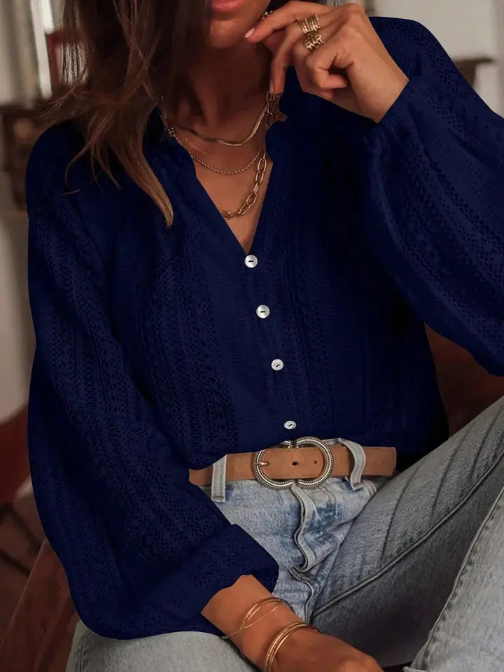 lace v neck button front blouse