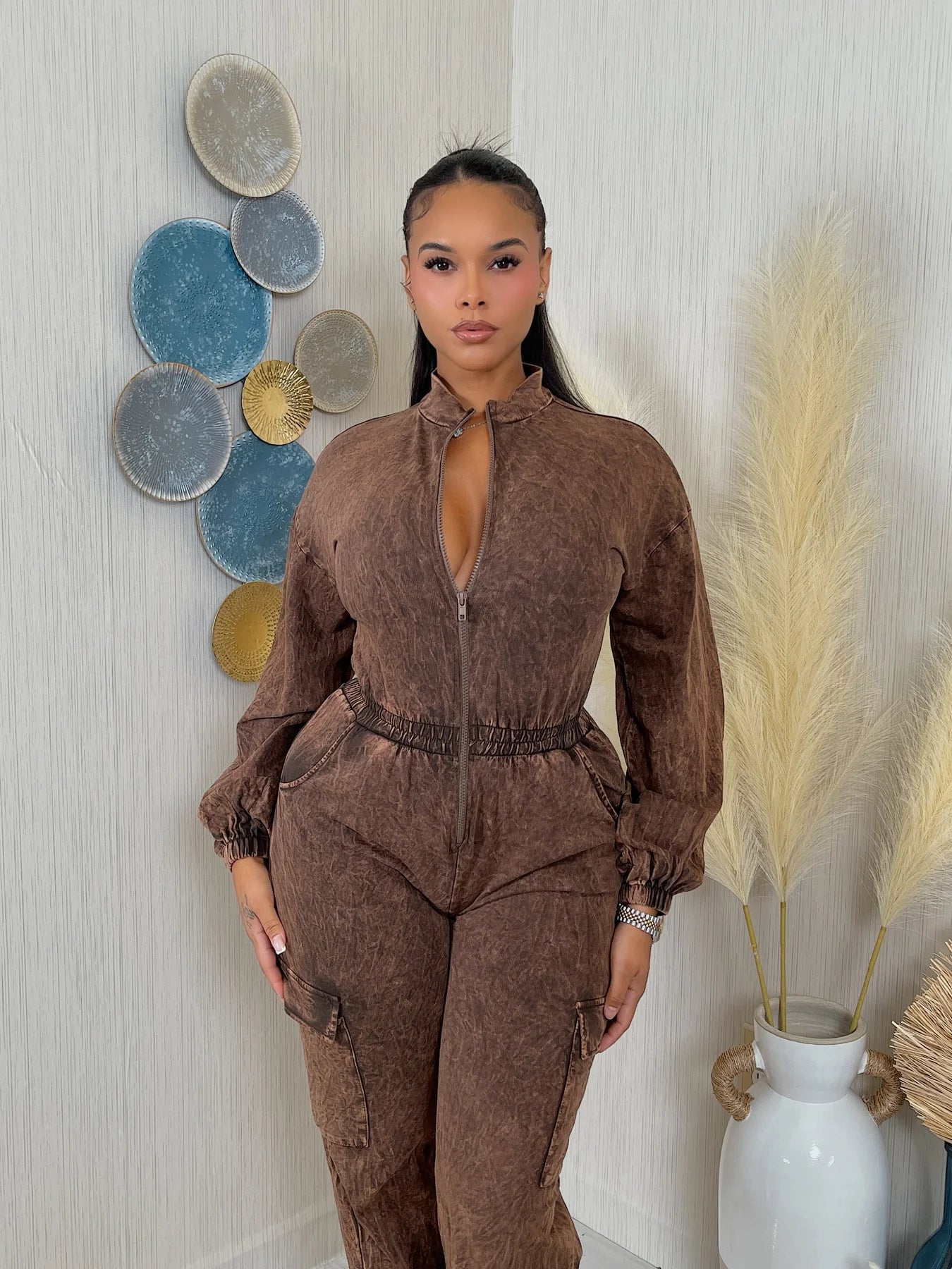washed ls zip down jumpsuit