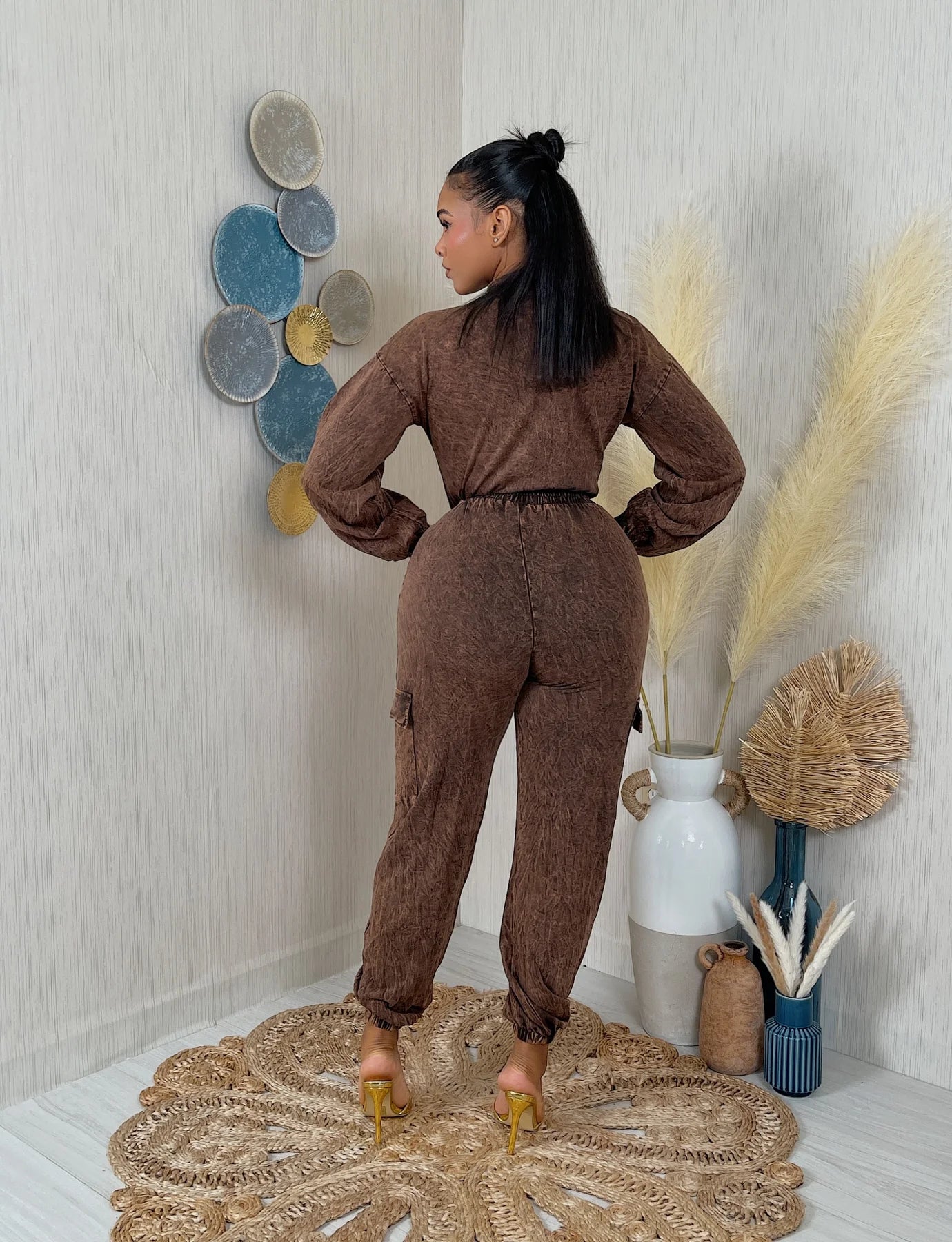 washed ls zip down jumpsuit