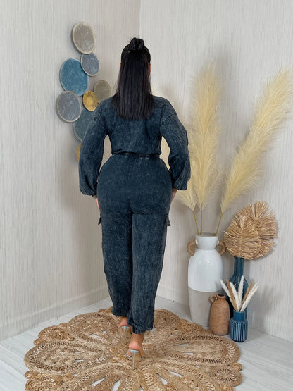 WASHED LS ZIP DOWN JUMPSUIT