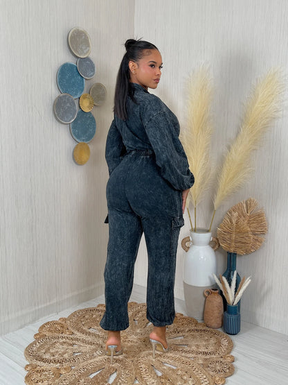 WASHED LS ZIP DOWN JUMPSUIT