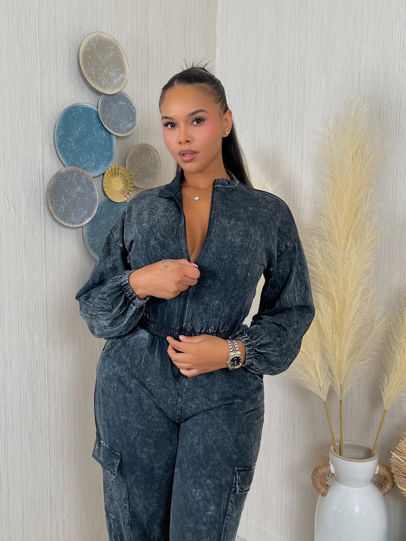 washed ls zip down jumpsuit