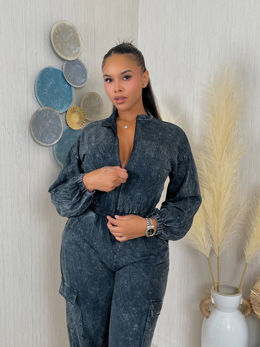WASHED LS ZIP DOWN JUMPSUIT