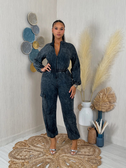 WASHED LS ZIP DOWN JUMPSUIT