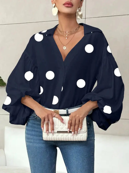 Polka Dot V-Neck Loose Bubble Long Sleeved Shirt