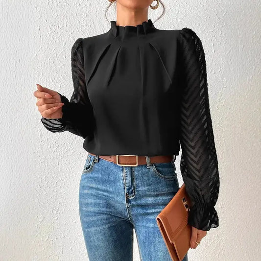 Semi Turtleneck Chiffon Long Sleeve Top